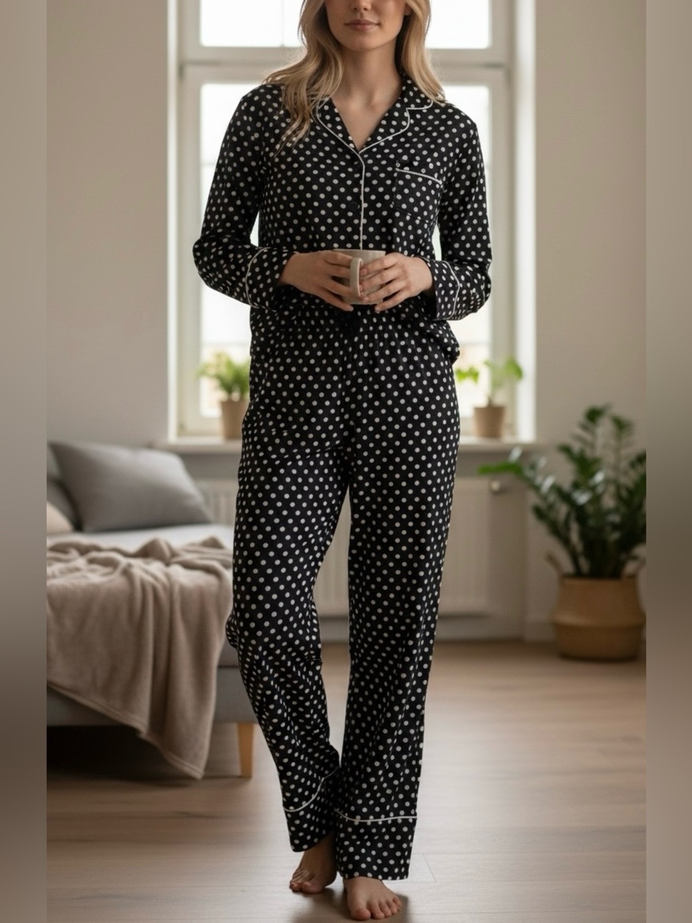 Anna-Kaci Womens Polka Dot Pajama Set M Black White Viscose Button Down NWT